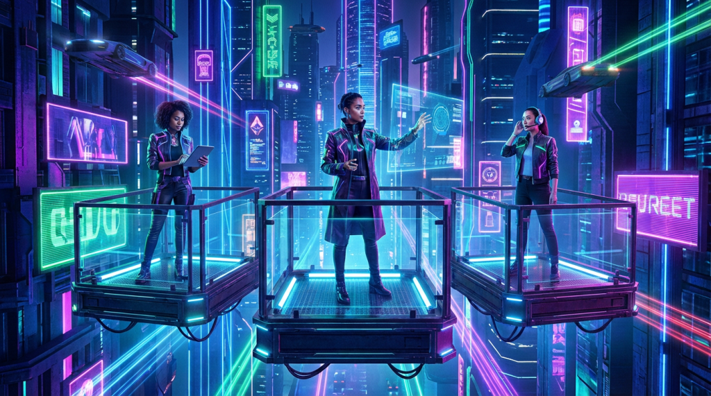 Three women using high-tech gadgets on floating platforms in a vibrant cyberpunk cityscape.