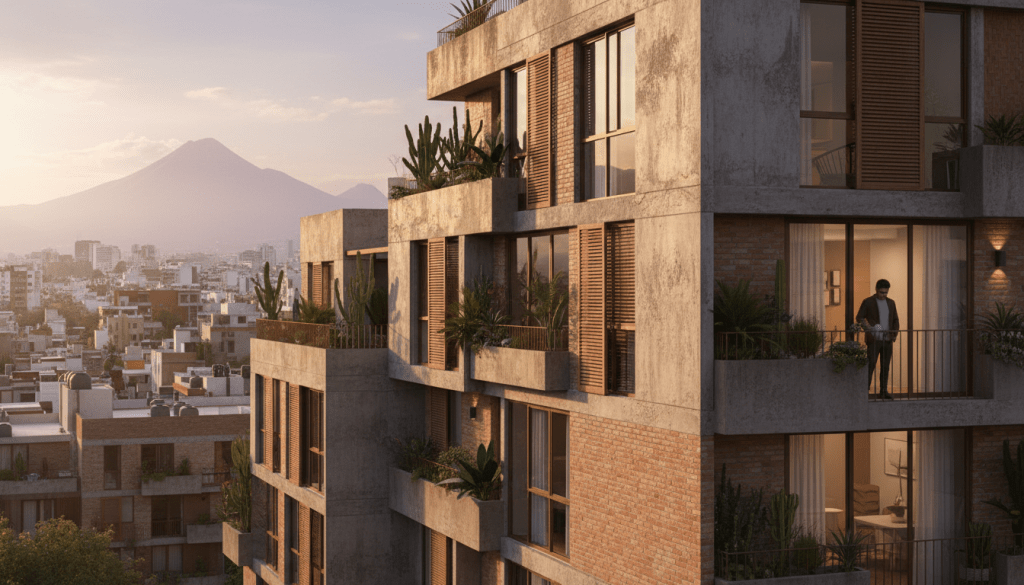 Modern brick and concrete apartment building with planted balconies overlooking a city and volcano.