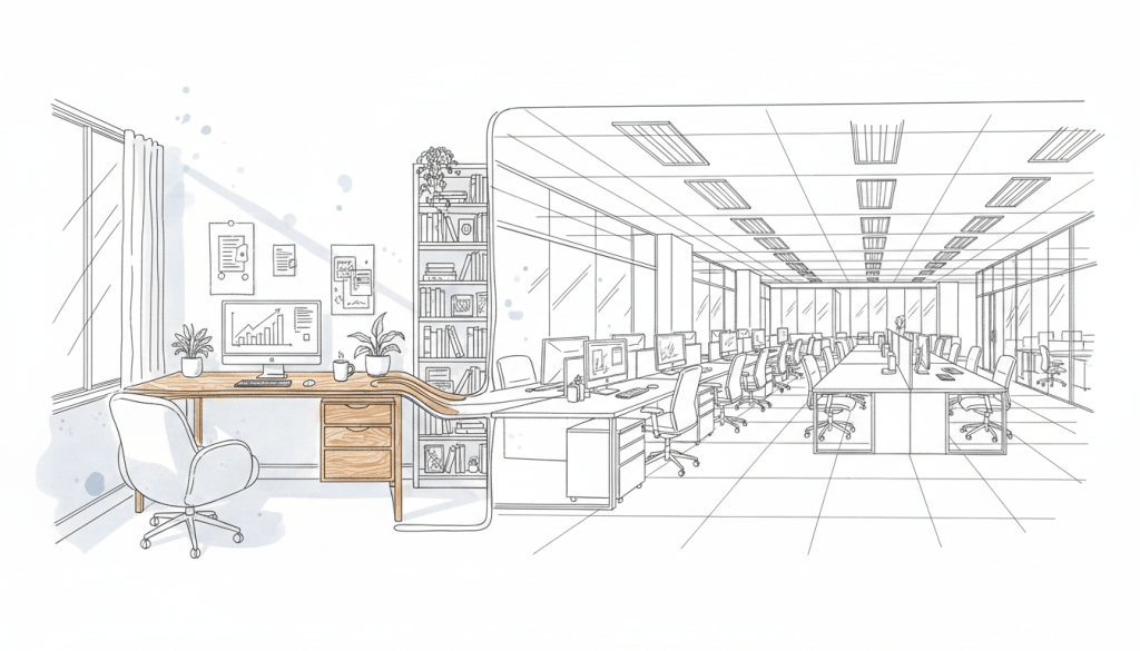 Sketch of a home desk extending into a vast, modern open-plan office.