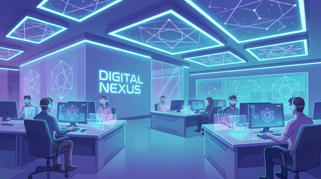 People in VR headsets work at computers in a futuristic, blue-lit office named Digital Nexus.