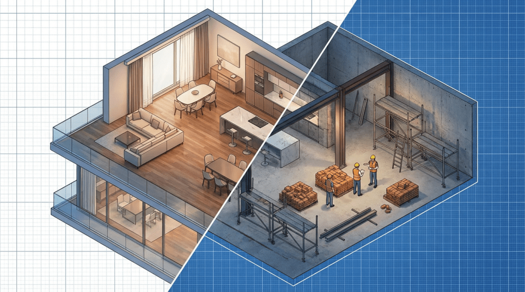 Split-view isometric illustration showing a construction site transitioning into a modern, finished apartment interior.