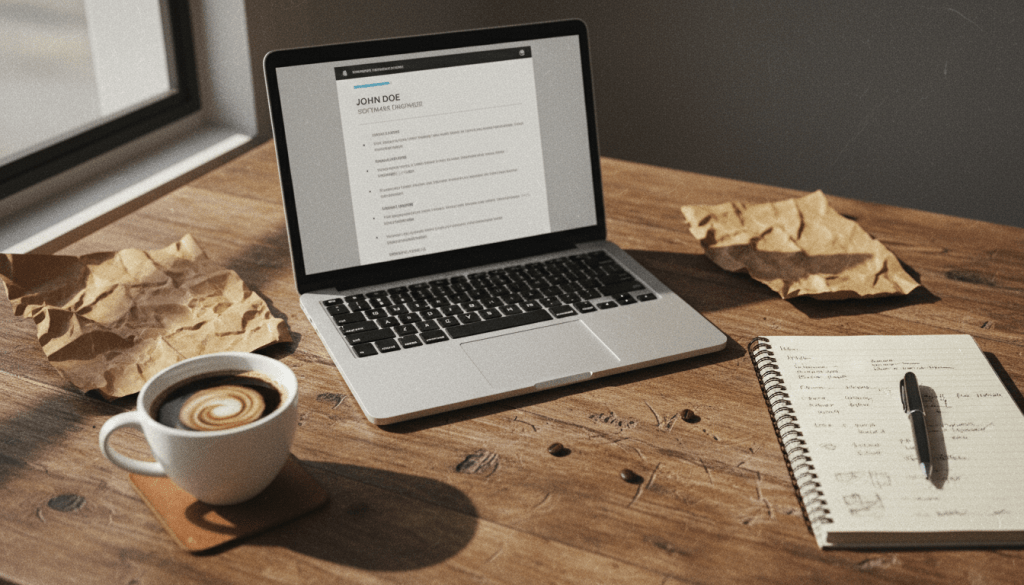 Laptop on a wooden desk displaying a resume for John Doe, Software Engineer, next to coffee.