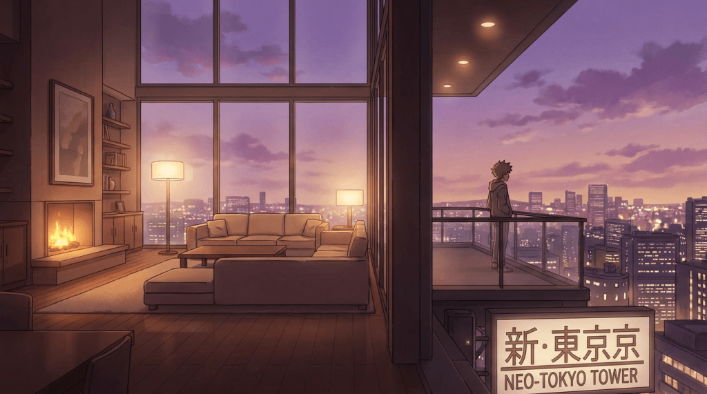Anime illustration of a person on a balcony overlooking Neo-Tokyo at sunset.