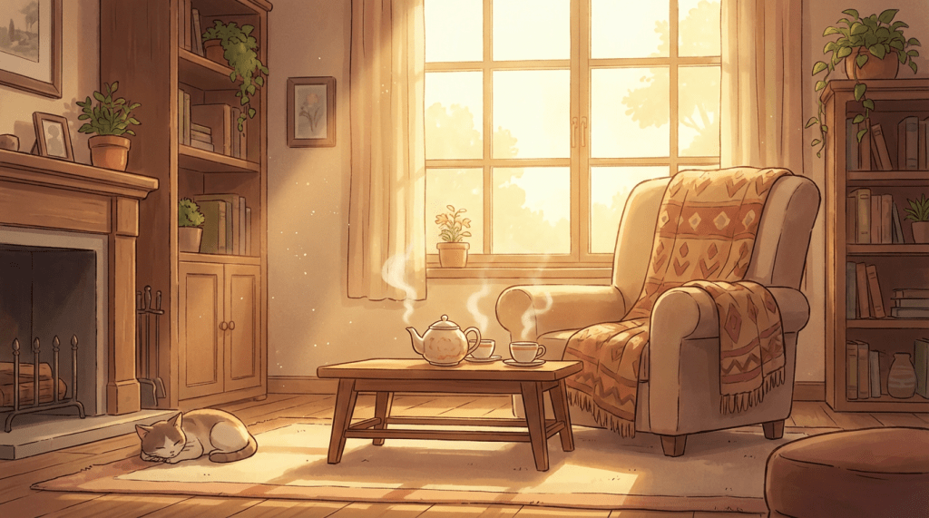 Cozy living room with an armchair, steaming tea, and a cat sleeping in sunlight.
