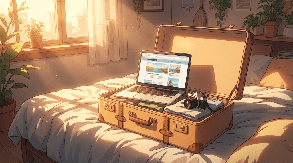 An open vintage suitcase on a bed containing a laptop, camera, and folded clothes.