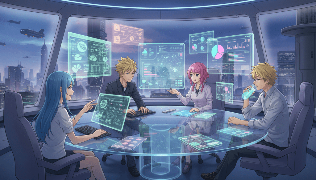 Anime illustration of four people analyzing holographic data displays in a futuristic city office.