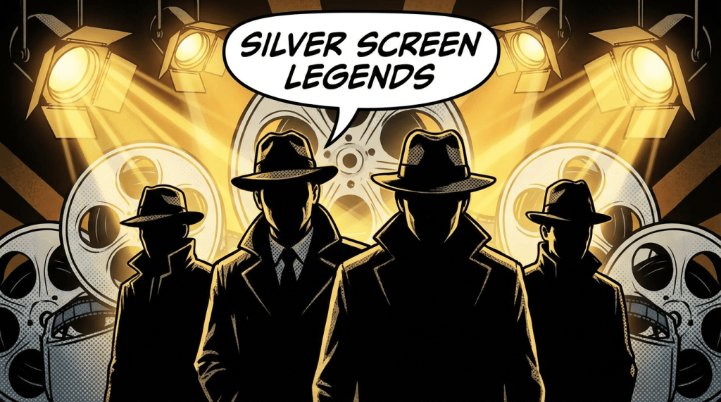 Four silhouetted film noir figures under spotlights with text SILVER SCREEN LEGENDS
