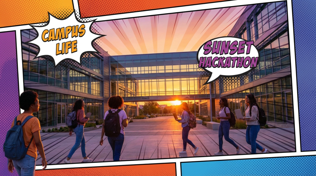 Comic book style image of students at a SUNSET HACKATHON featuring the text CAMPUS LIFE
