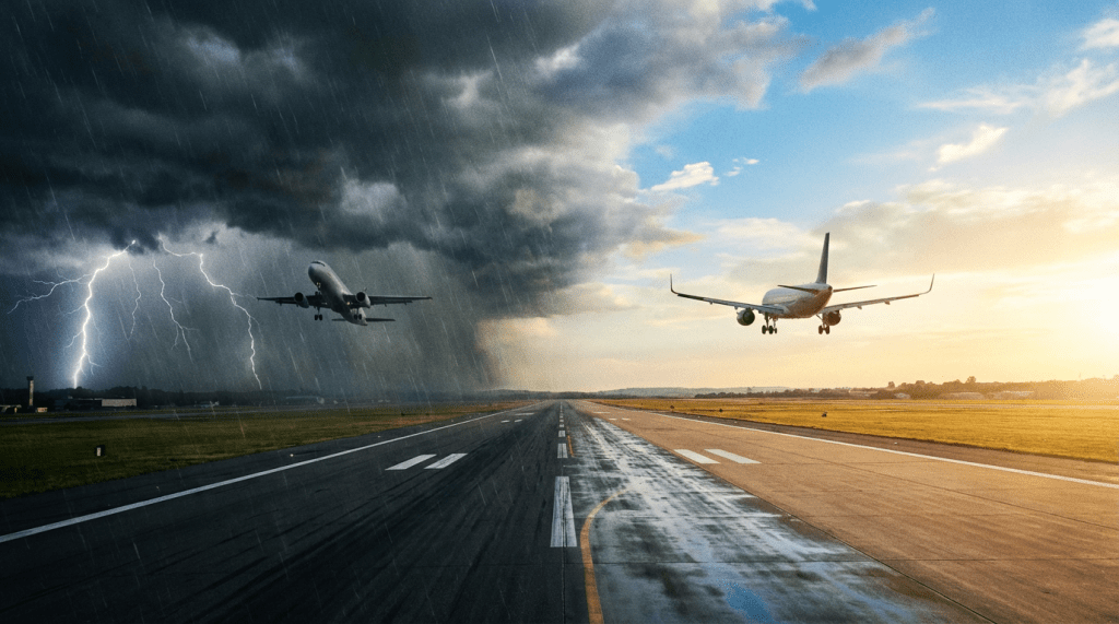 An airplane flying into a dark lightning storm beside another landing in sunny weather.