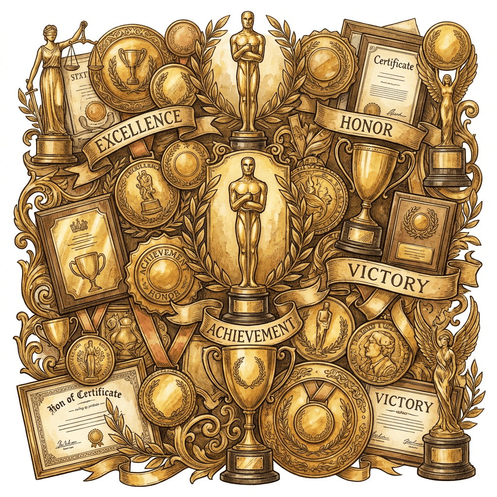 Awards and certificates with text: Excellence, Honor, Victory, Achievement, Certificate, and Hon of Certificate.