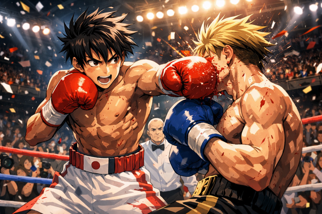 Anime-style boxing match showing one boxer punching another in the face with a red glove