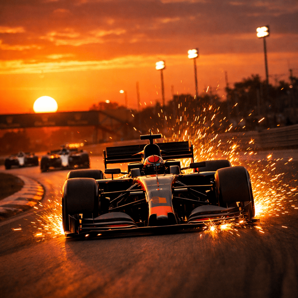 Formula 1 car creating sparks on track at sunset with other cars behind