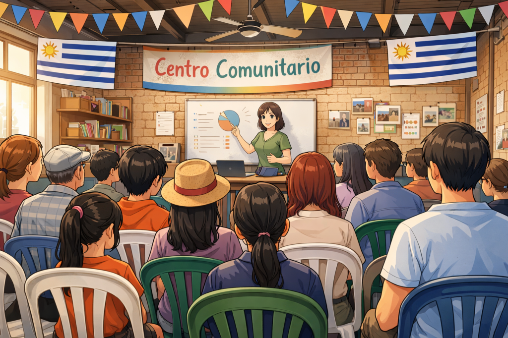 Community members seated and listening to a woman presenting a pie chart in a room decorated with Uruguayan flags and a Centro Comunitario banner