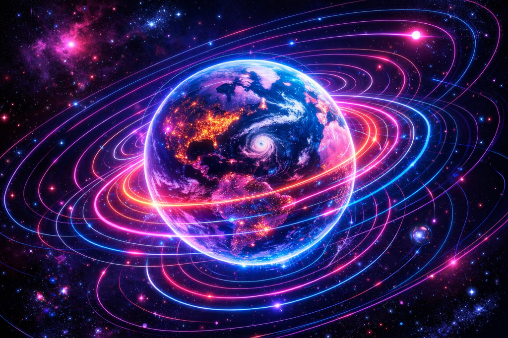 Glowing Earth with neon-colored orbital rings and swirling cosmic background