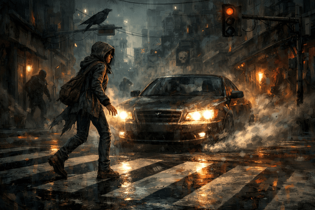 Hooded person crossing wet street with car headlights on in misty urban setting