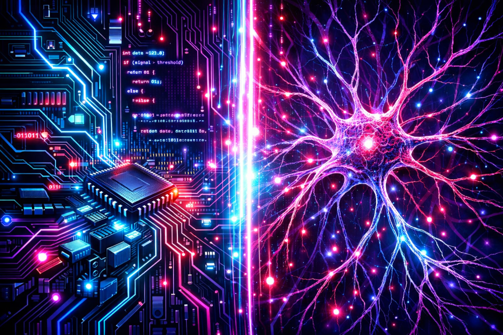 Neural network branching next to a microchip on a circuit board with glowing connections