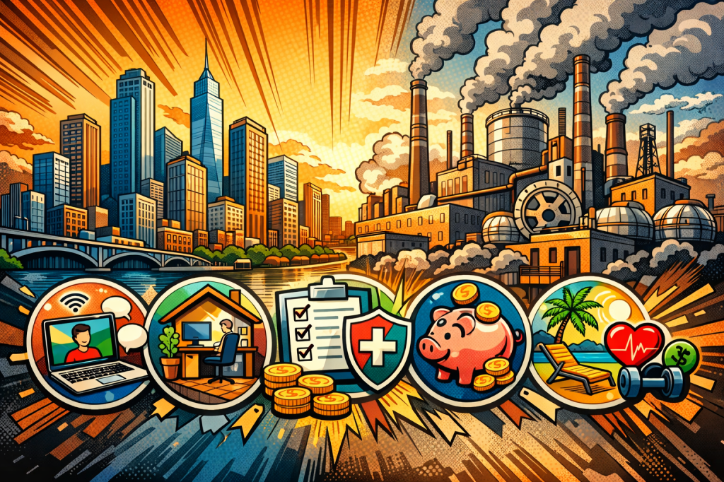 City skyline and industrial factories with icons of remote work, home office, checklist with shield, piggy bank, and health and vacation symbols