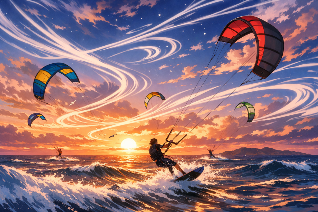 Kite surfers riding waves on ocean water with colorful kites during sunset