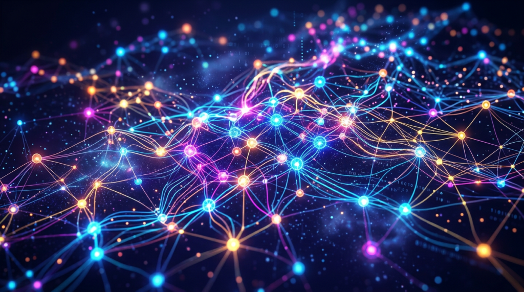 Colorful glowing nodes connected by lines representing a neural network structure