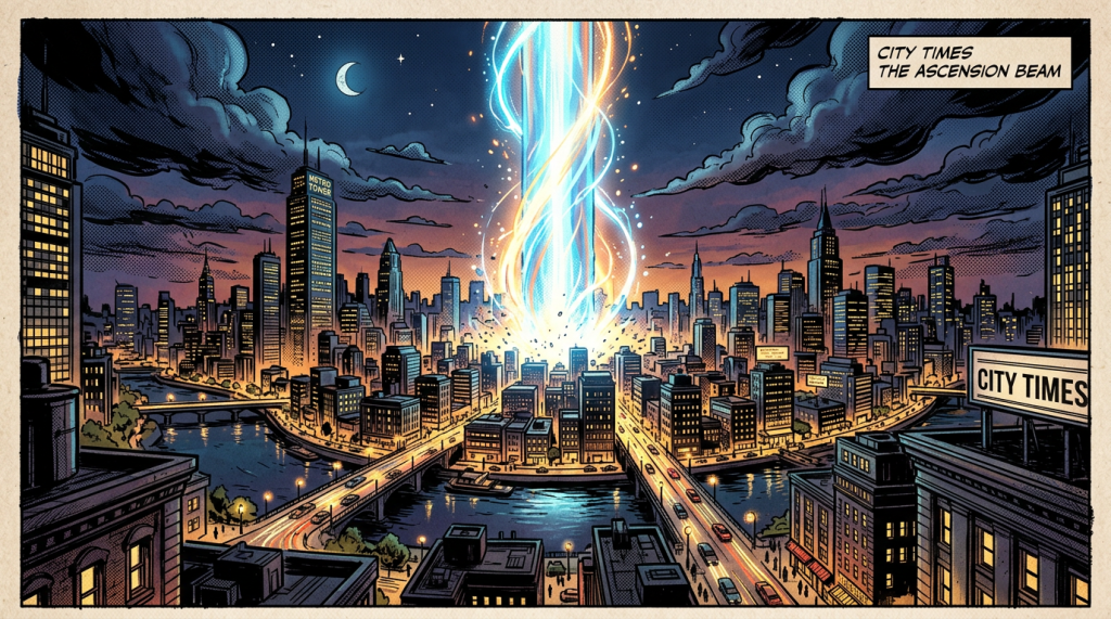 Night cityscape with glowing energy beam rising from city center