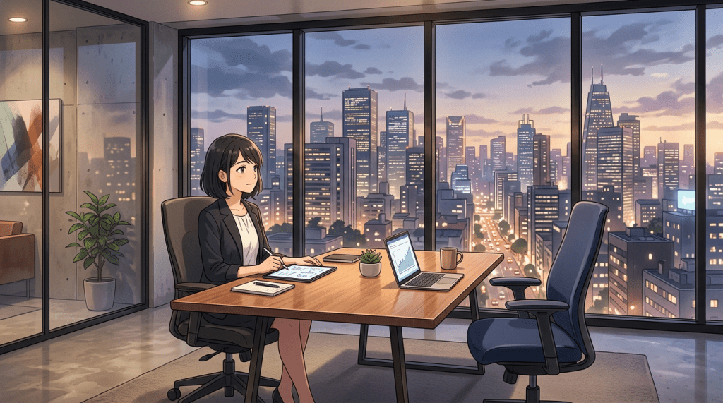 Woman in business attire working at desk with laptop and tablet in office with large windows showing city skyline at dusk