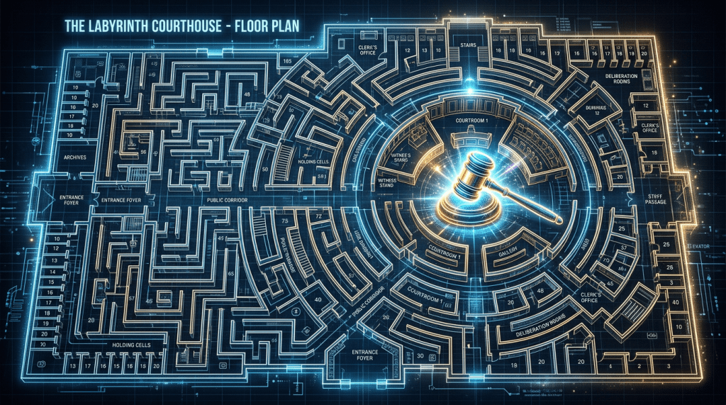 Labyrinth courthouse floor plan with glowing gavel