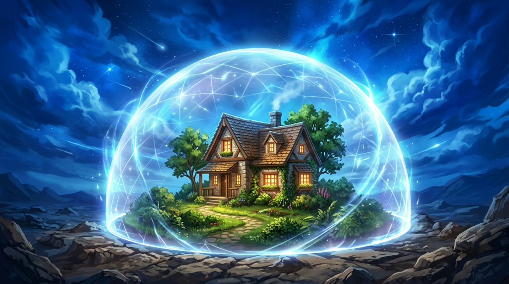 Small cozy cottage surrounded by trees and garden inside a glowing protective dome at night