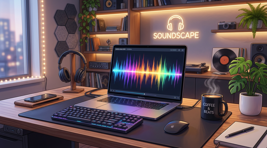 Laptop showing colorful audio analysis on desk with headphones, keyboard, coffee mug, and plants