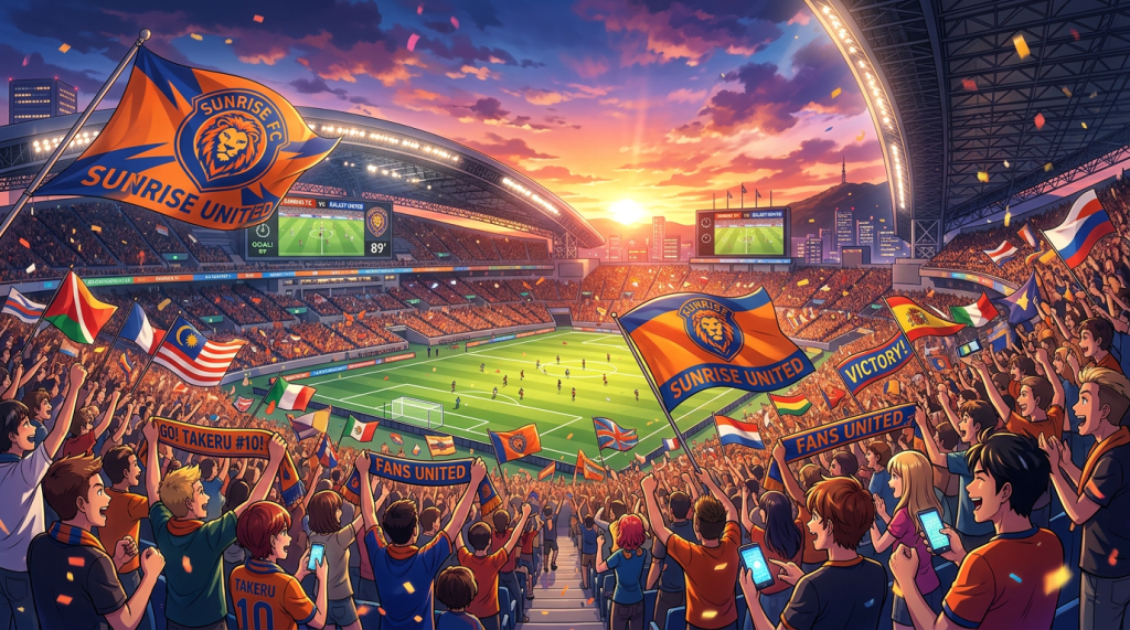 Soccer stadium packed with fans waving Sunrise United flags and cheering during a sunset match