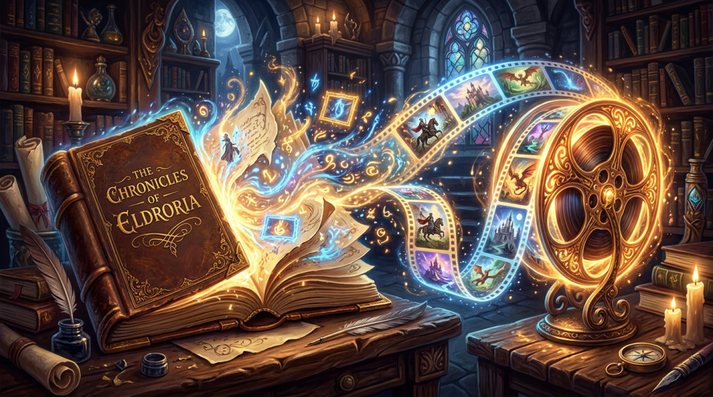 Ancient book titled The Chronicles of Eldroria emitting glowing pages and a magical film reel showing fantasy scenes