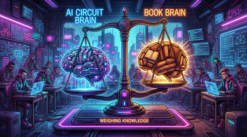Scale balancing a glowing AI circuit brain and a brain made of books in a classroom with students using laptops