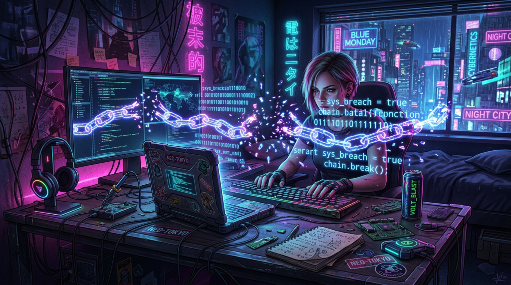 Hacker at computer breaking digital blockchain with neon code and chains