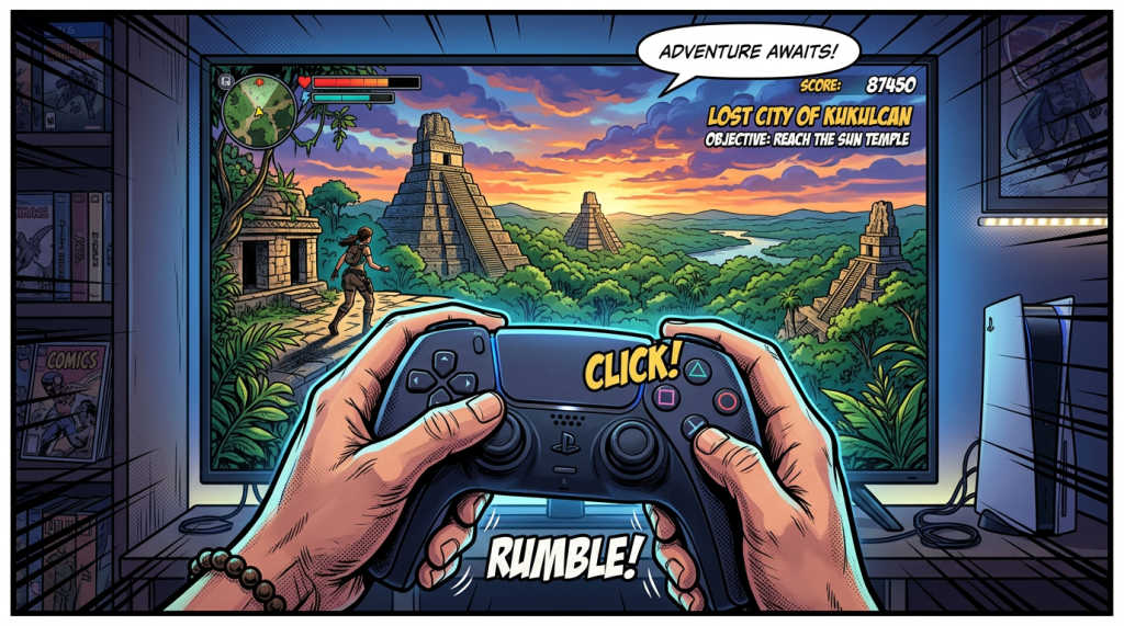 Hands holding PlayStation controller playing adventure game with temple scenery