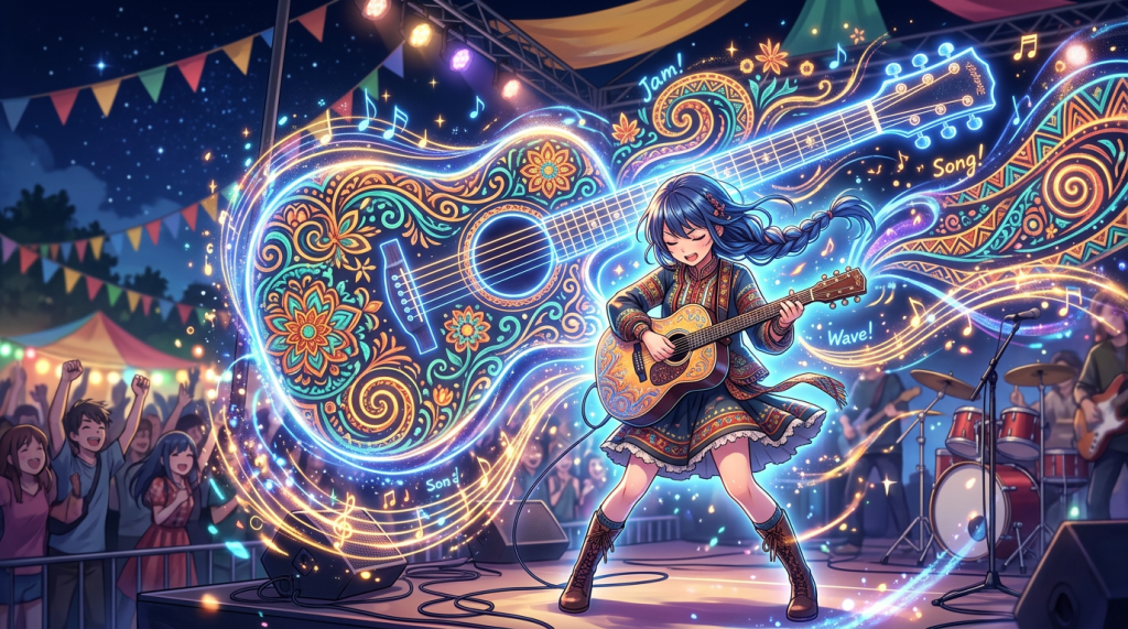 Girl playing an acoustic guitar with glowing musical notes and colorful patterns