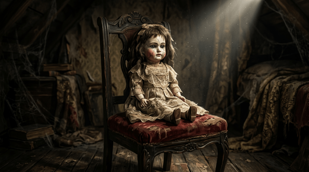 Antique cracked doll in vintage dress sitting on worn red velvet chair in dusty attic