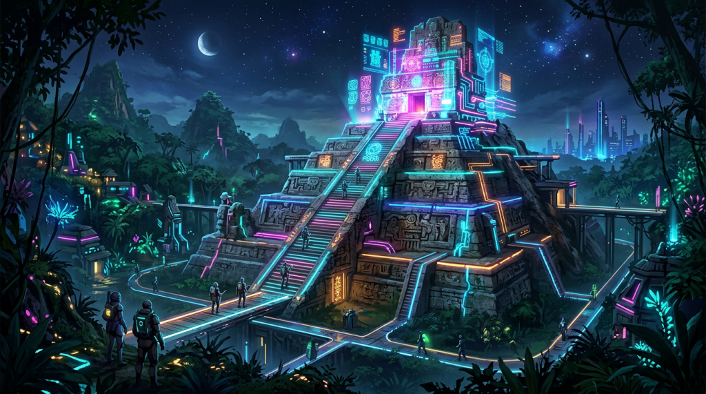 Ancient pyramid with neon lights and people walking
