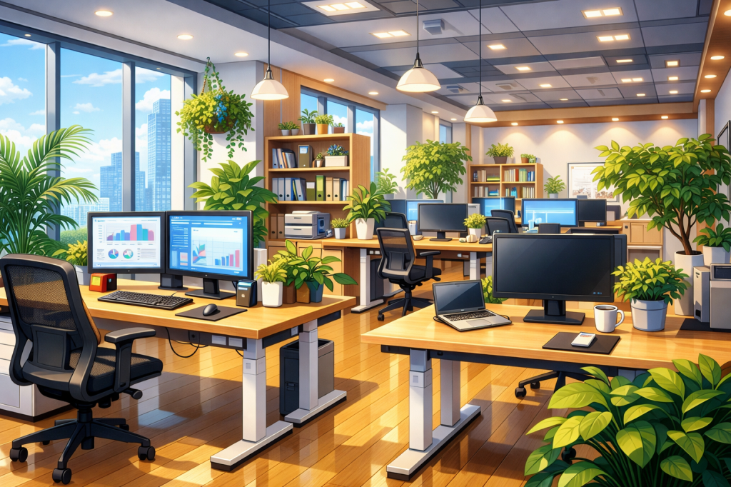 Open office with multiple desks, computers, laptops, and abundant indoor plants