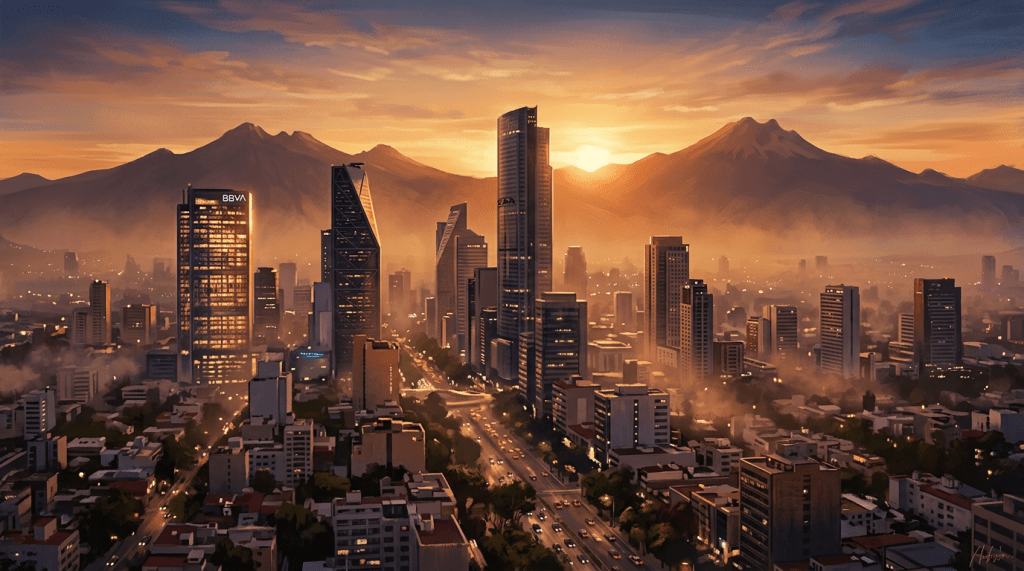 City skyline at sunset with tall buildings and mountains behind