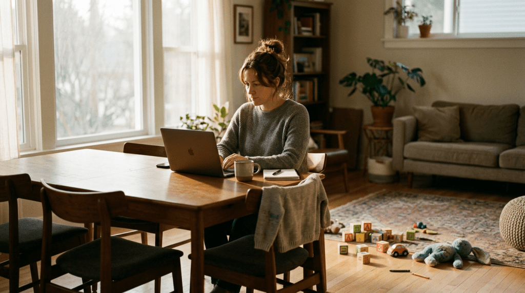 Woman working on laptop at dining table in living room with scattered children's toys