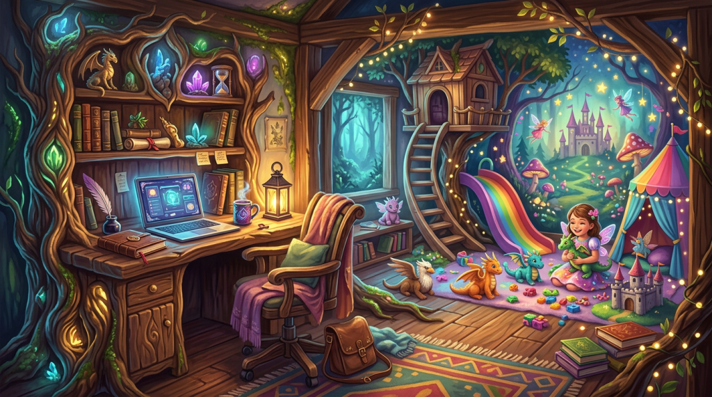 A cozy wooden playroom and study with fairy lights, a treehouse slide, and a child playing with dragon toys