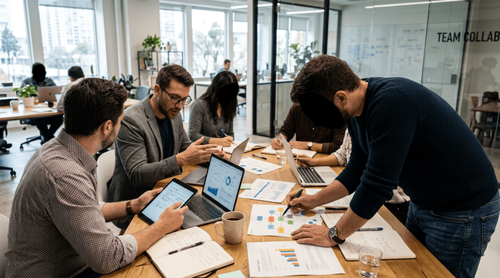 Team discussing data and charts at a conference table in an office