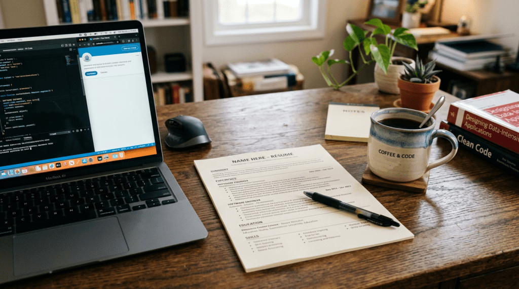 Laptop showing code, printed resume with pen, and coffee mug on wooden desk