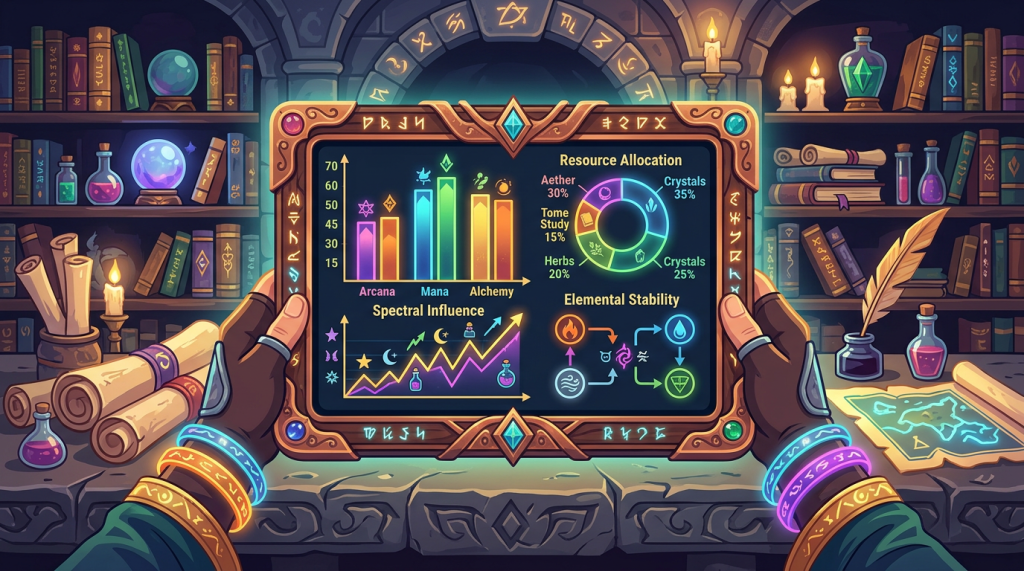 Mage holding a magical tablet with charts on resource allocation, spectral influence, and elemental stability