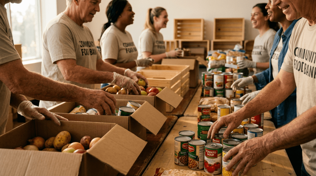 Volunteers sorting and packing fruits, vegetables, and canned food at a community food bank