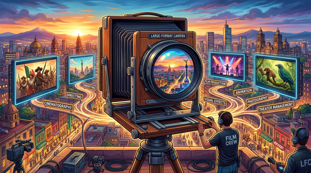 Large-format camera overlooking city with labels Cinematography, Directing, Film Casting, Film Production, Visual Effects, Animation, Photography, Theater Management, and Film Crew.