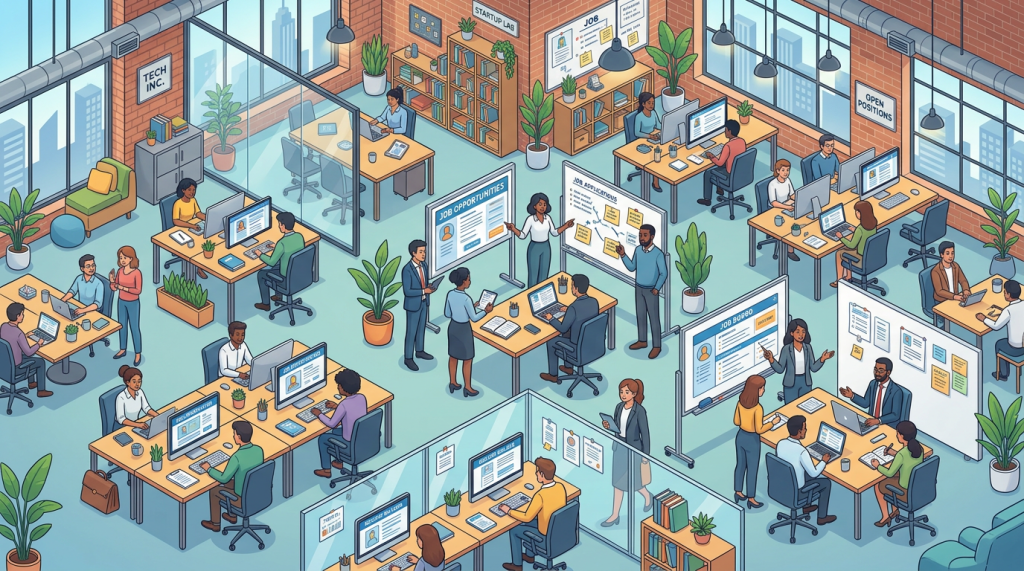 Illustrated startup office with employees reviewing job opportunities and career materials