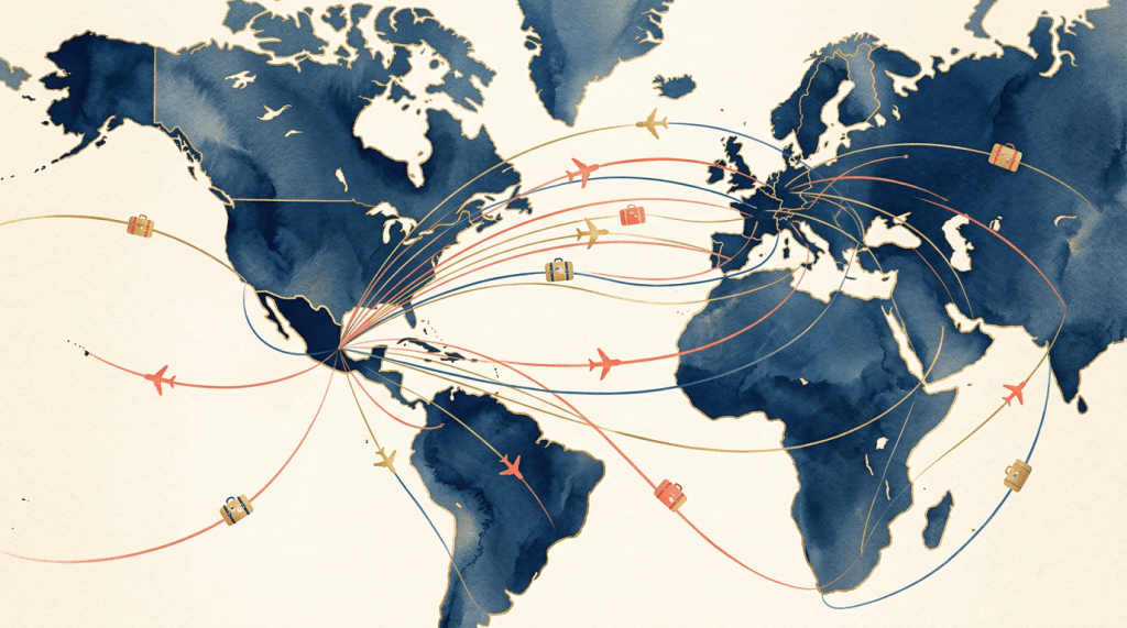 Stylized world map showing colorful flight routes and airplane icons