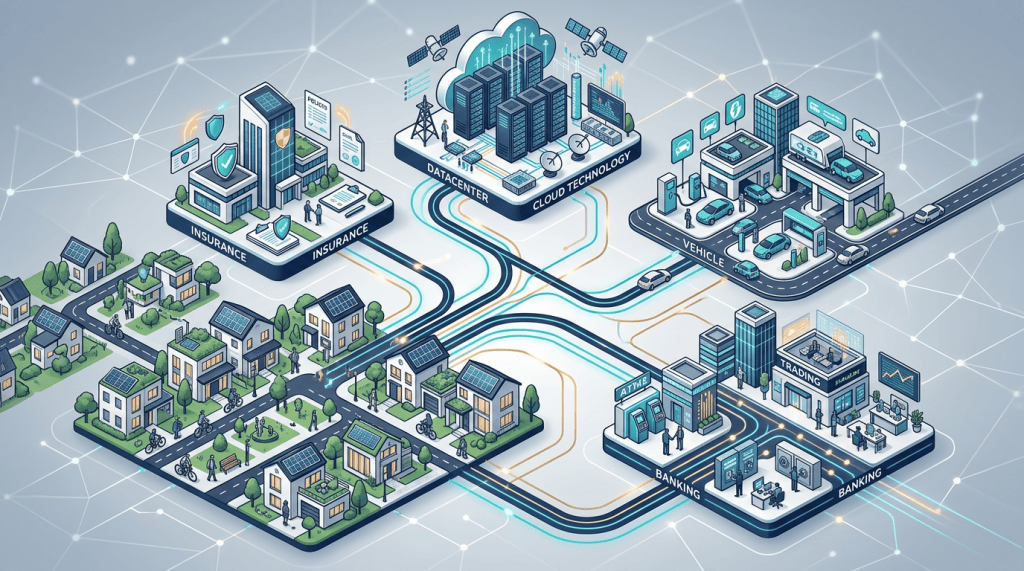 Illustrated smart city connecting insurance, cloud technology, vehicles, banking, and homes