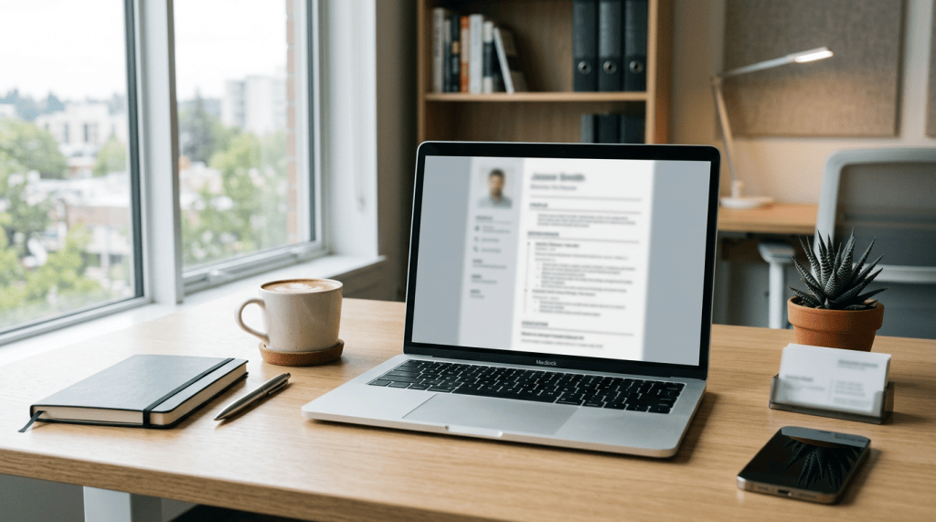 Organized desk with blurred resume laptop