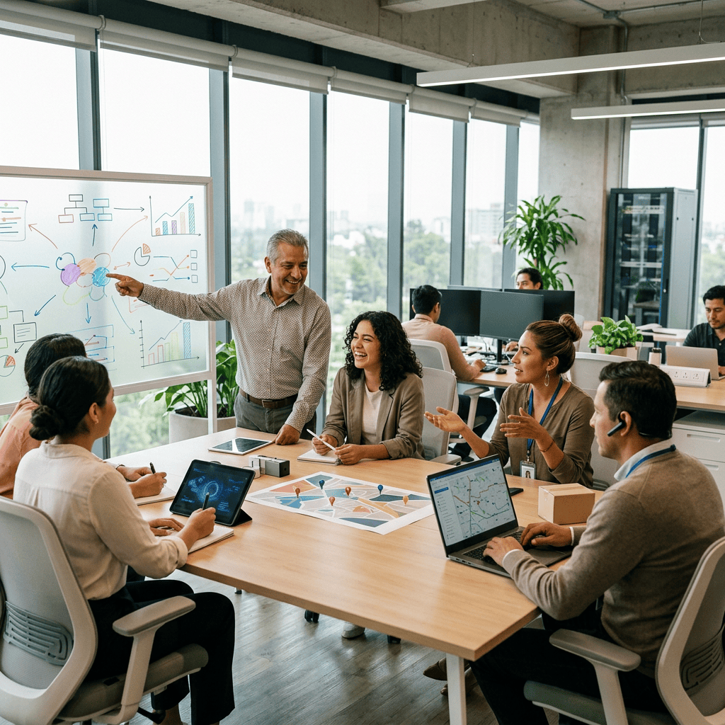 Team collaborating around a table during a strategy meeting